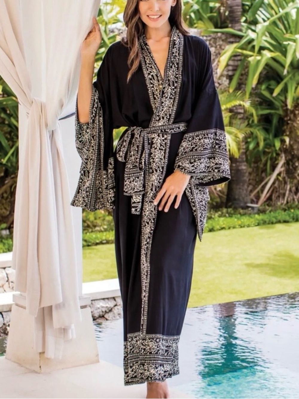 Novica Black Robe Indonesian Floral Batik Midnight Resort Kimono Asian Maxi Long